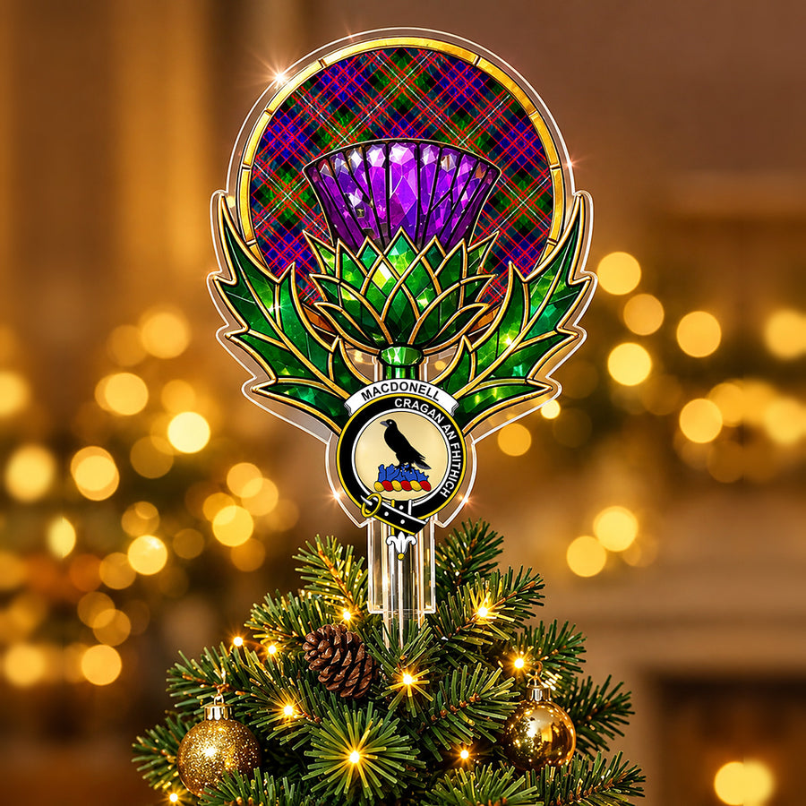 Clan MacDonnell crest in the centre of a stained-glass style thistle Christmas tree topper with the MacDonnell of Glengarry Modern tartan behind the thistle