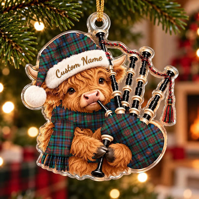 Clan MacDuff Hunting Ancient Tartan Piper Highland Cow Ornament with Custom Name