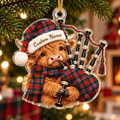 Clan MacDuff Modern Tartan Piper Highland Cow Ornament with Custom Name