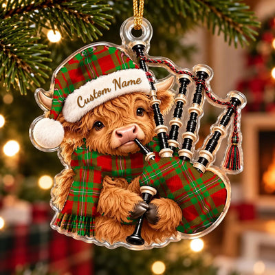 Clan MacGregor Modern Tartan Piper Highland Cow Ornament with Custom Name
