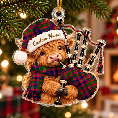 Clan MacIntyre Modern Tartan Piper Highland Cow Ornament with Custom Name
