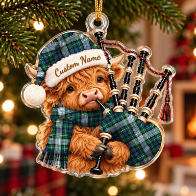 Clan MacKenzie Dress Ancient Tartan Piper Highland Cow Ornament with Custom Name
