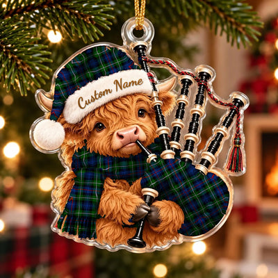 Clan MacKenzie Modern Tartan Piper Highland Cow Ornament with Custom Name