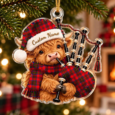Clan MacKillop Tartan Piper Highland Cow Ornament with Custom Name