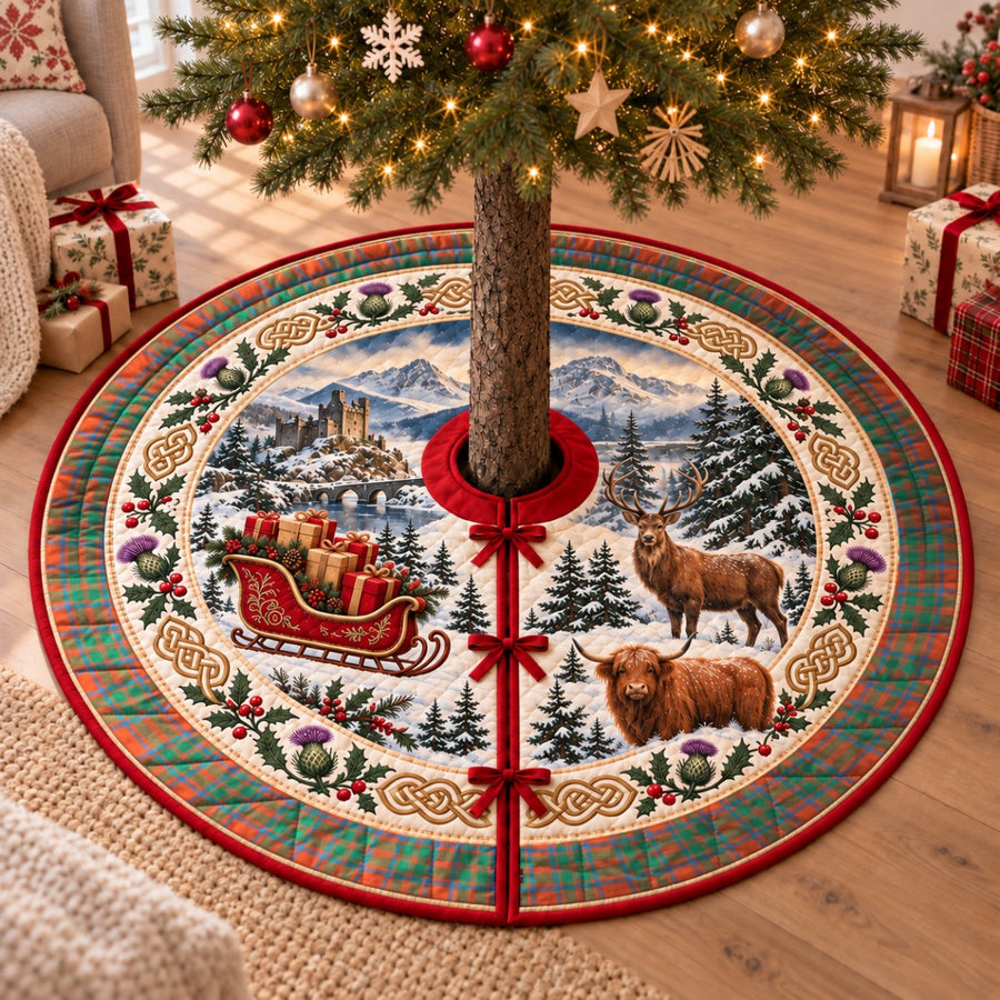 MacKintosh Ancient tartan Christmas tree skirt with a Scottish Highland scene, stag, Highland cow and thistles under a Christmas tree