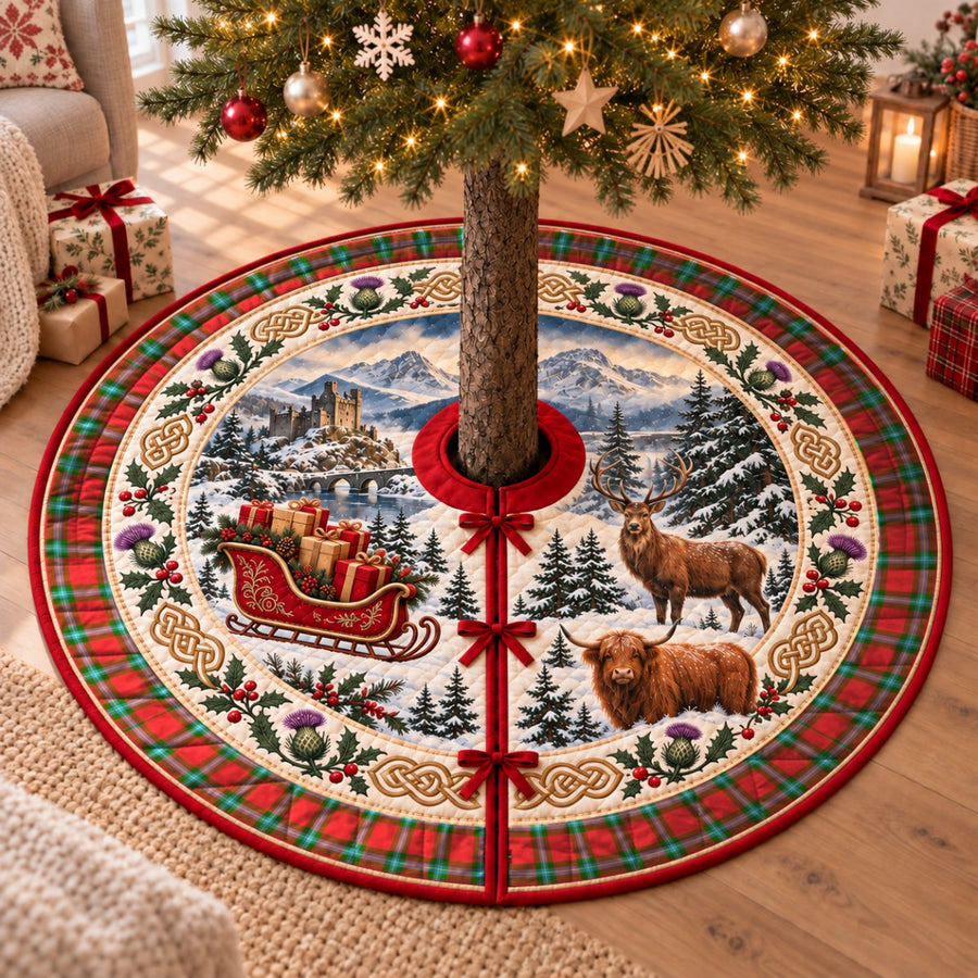 MacLaine of Loch Buie tartan Christmas tree skirt with a Scottish Highland scene, stag, Highland cow and thistles under a Christmas tree