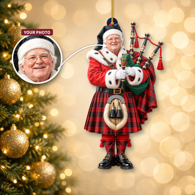 Clan MacLeod of Raasay Tartan Christmas Piper Ornament with Custom Photo