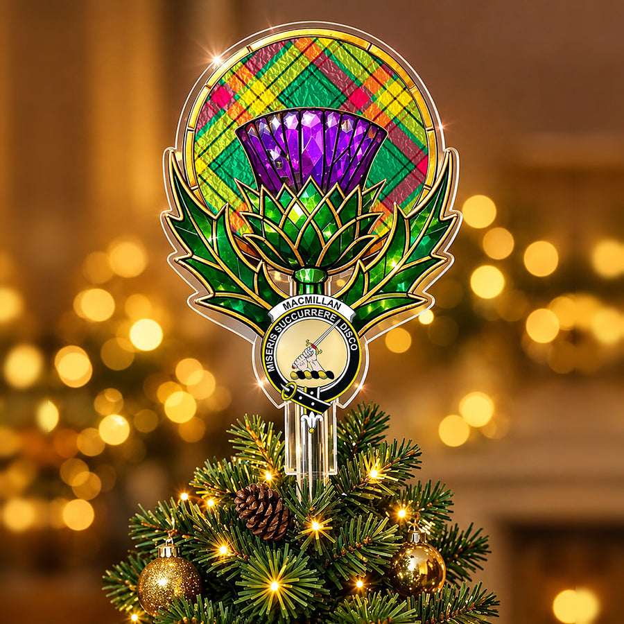 Clan MacMillan crest in the centre of a stained-glass style thistle Christmas tree topper with the MacMillan Old Ancient tartan behind the thistle