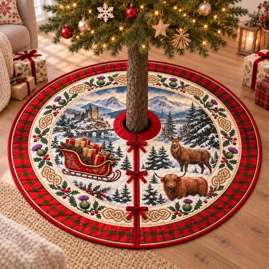 MacNab Modern tartan Christmas tree skirt with a Scottish Highland scene, stag, Highland cow and thistles under a Christmas tree