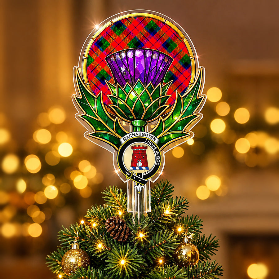 Clan MacNaughton crest in the centre of a stained-glass style thistle Christmas tree topper with the MacNaughton Modern tartan behind the thistle