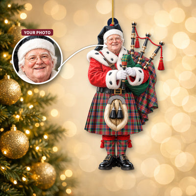 Clan MacPherson Ancient Tartan Christmas Piper Ornament with Custom Photo