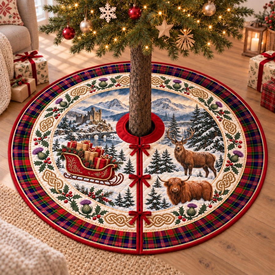 MacPherson Modern tartan Christmas tree skirt with a Scottish Highland scene, stag, Highland cow and thistles under a Christmas tree
