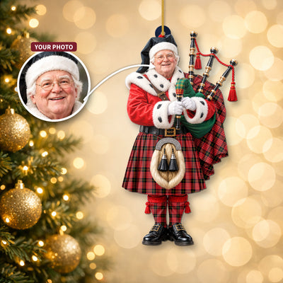 Clan MacQueen Modern Tartan Christmas Piper Ornament with Custom Photo