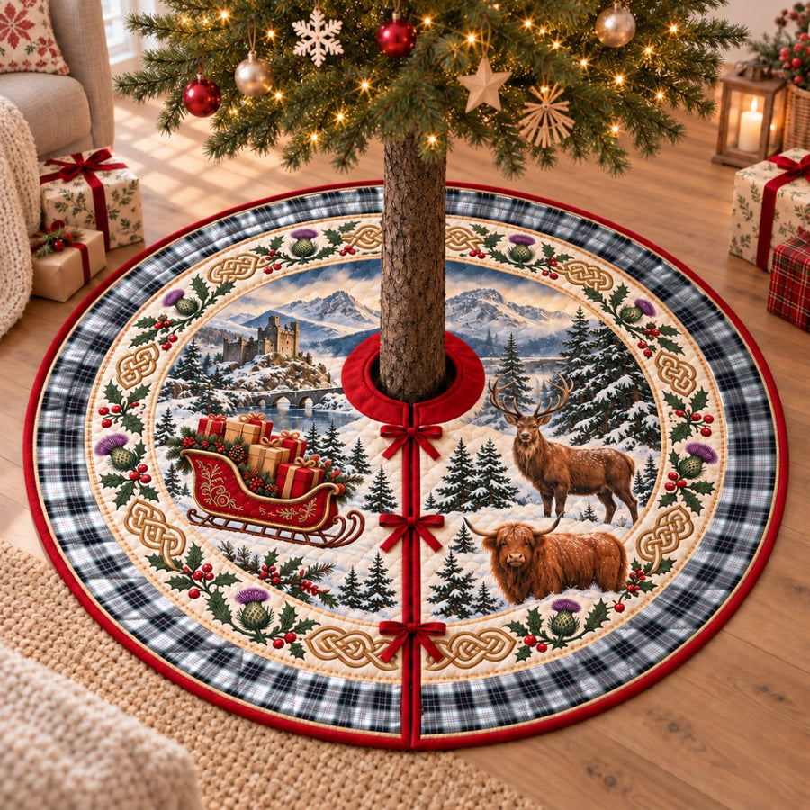 MacRae Dress Modern tartan Christmas tree skirt with a Scottish Highland scene, stag, Highland cow and thistles under a Christmas tree