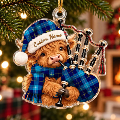 Clan McKerrell Tartan Piper Highland Cow Ornament with Custom Name