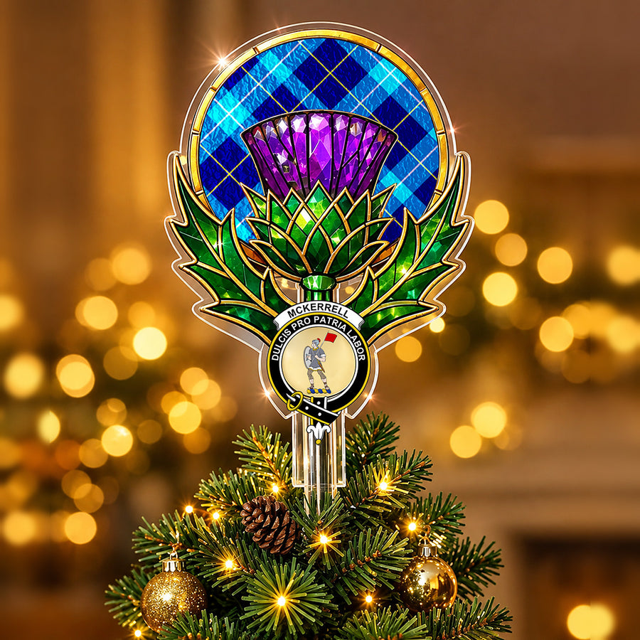 Clan McKerrell crest in the centre of a stained-glass style thistle Christmas tree topper with the McKerrell tartan behind the thistle