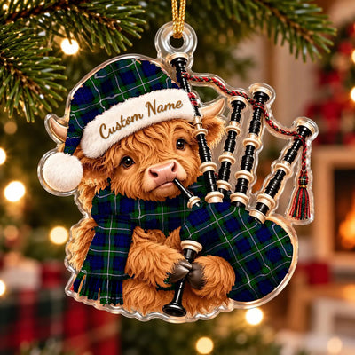 Clan Meldrum Forbes Tartan Piper Highland Cow Ornament with Custom Name