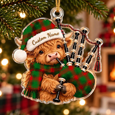 Clan Middleton Modern Tartan Piper Highland Cow Ornament with Custom Name