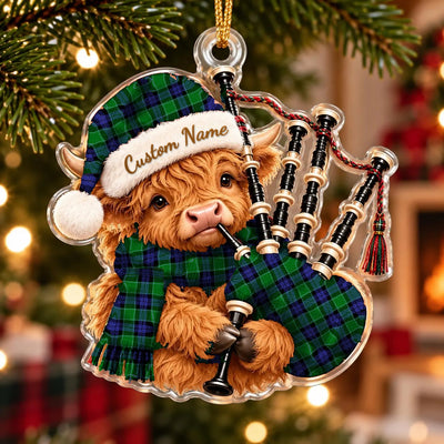 Clan Monteith Tartan Piper Highland Cow Ornament with Custom Name