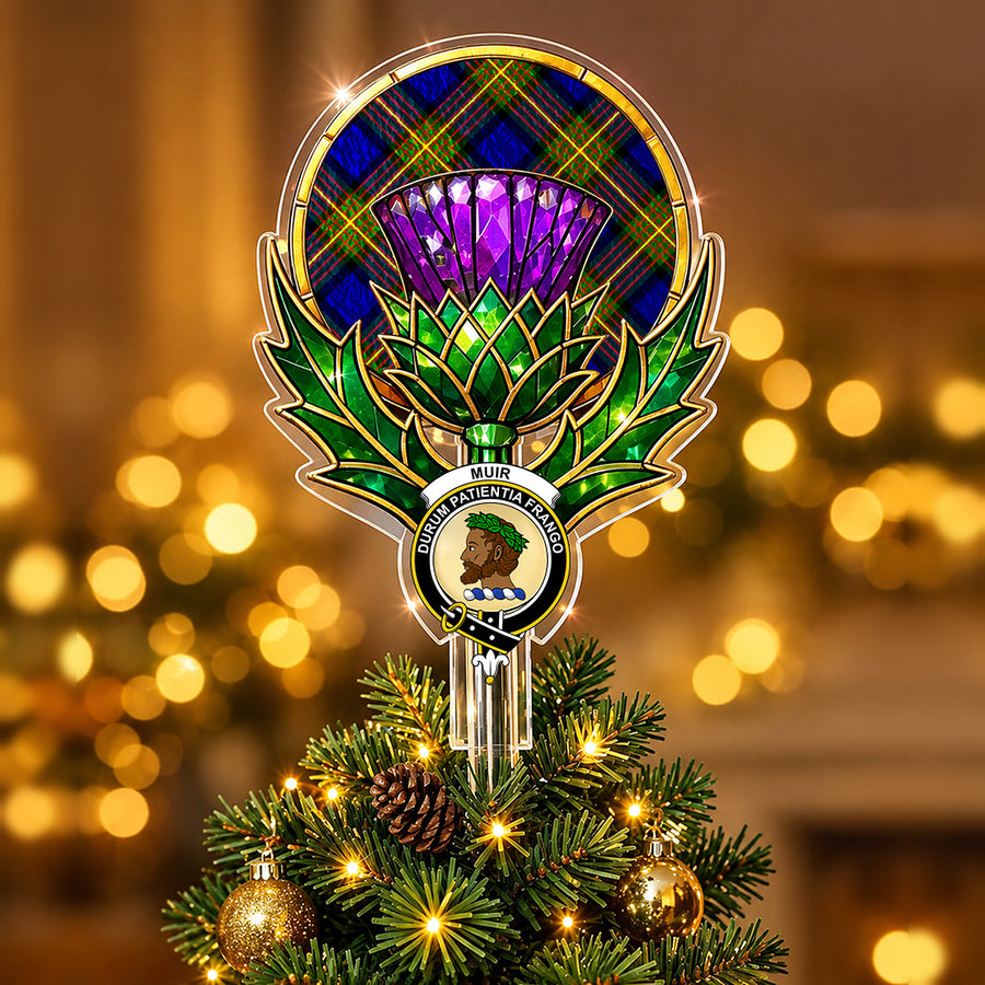 Clan Muir crest in the centre of a stained-glass style thistle Christmas tree topper with the Muir tartan behind the thistle