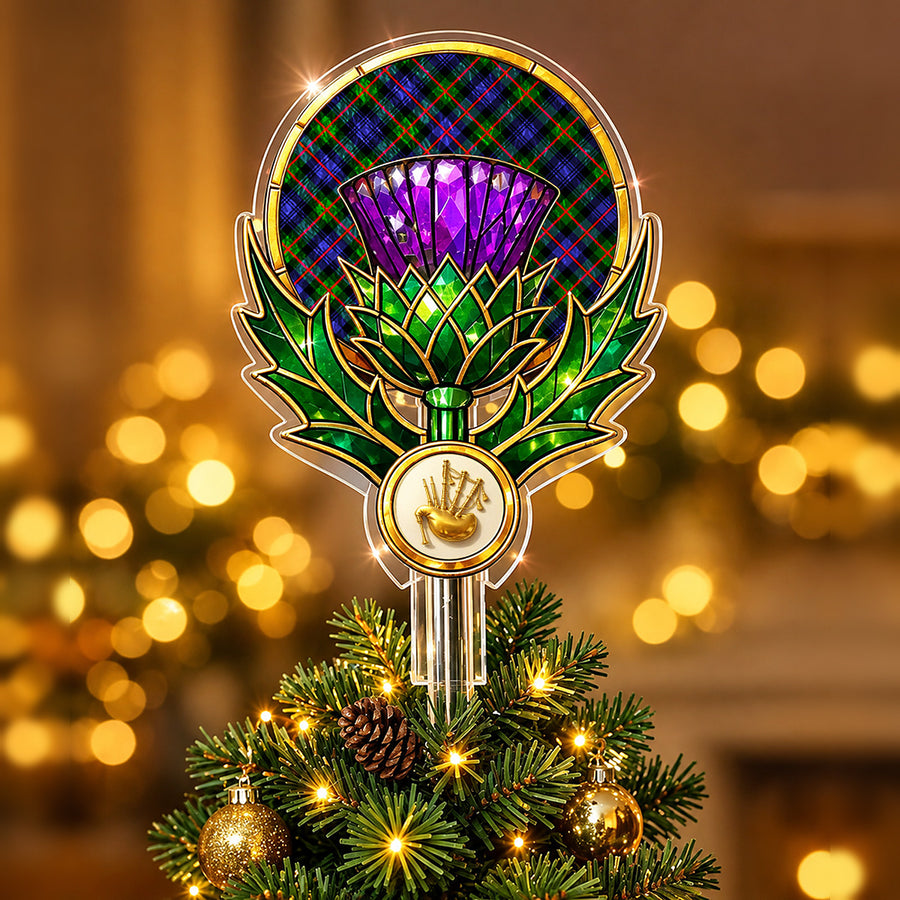 Stained-glass style thistle Christmas tree topper with a gold bagpipe emblem and the Murray of Atholl Modern tartan behind the thistle