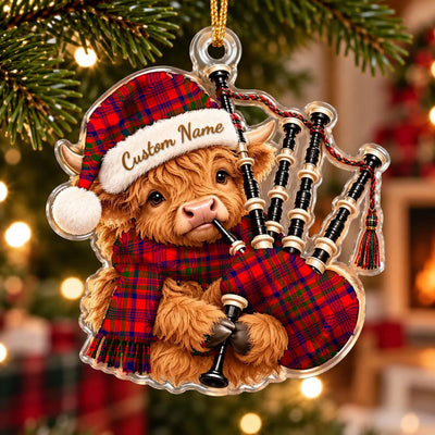 Clan Murray of Tulloch Modern Tartan Piper Highland Cow Ornament with Custom Name
