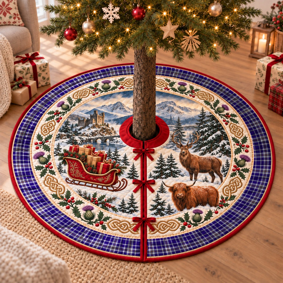 Ochterlony tartan Christmas tree skirt with a Scottish Highland scene, stag, Highland cow and thistles under a Christmas tree