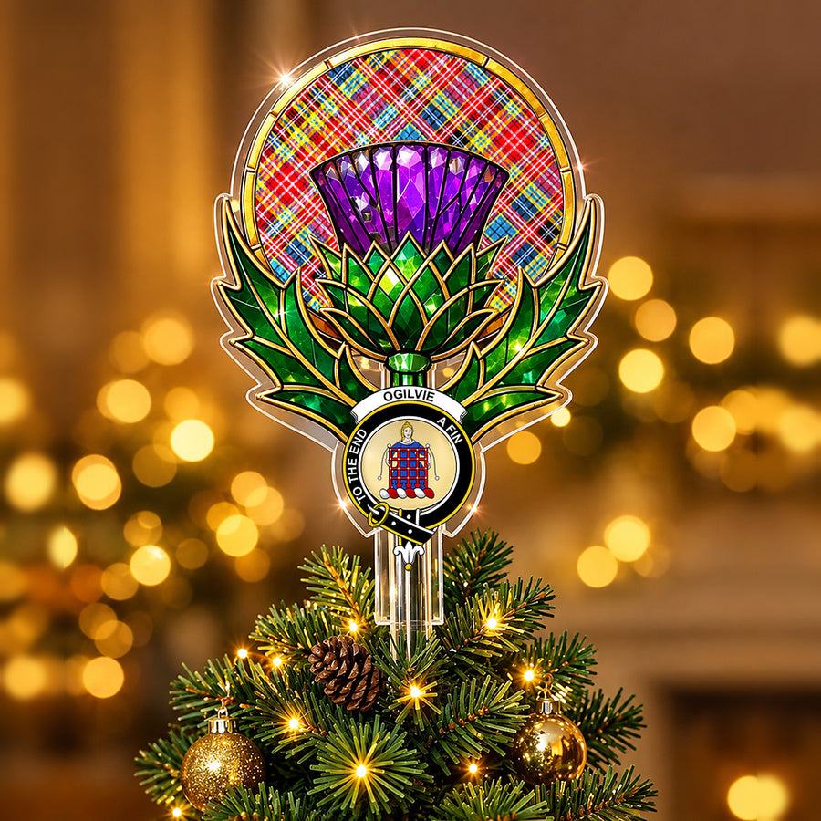 Clan Ogilvie crest in the centre of a stained-glass style thistle Christmas tree topper with the Ogilvie of Airlie Ancient tartan behind the thistle