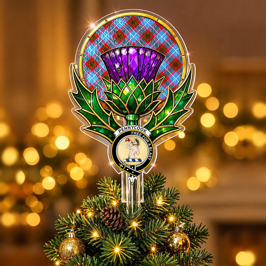 Clan Pennycook crest in the centre of a stained-glass style thistle Christmas tree topper with the Pennycook (Edinburgh) tartan behind the thistle