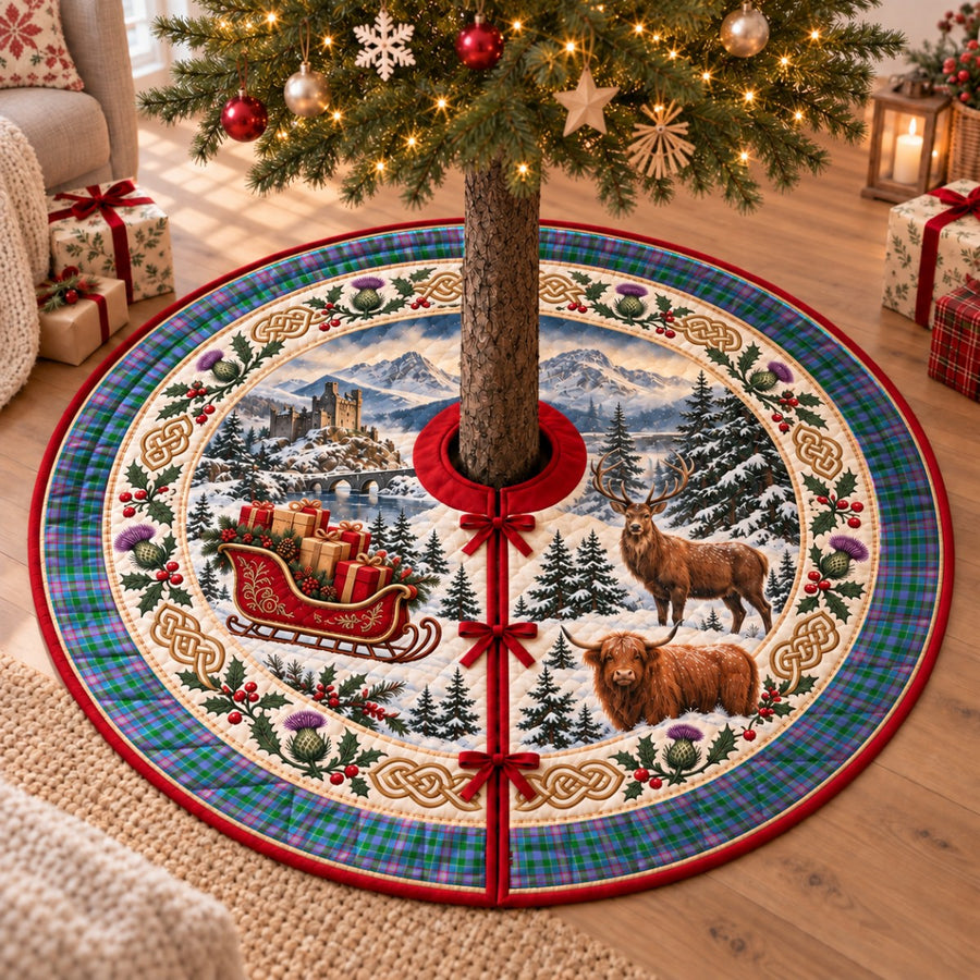 Pitcairn Hunting tartan Christmas tree skirt with a Scottish Highland scene, stag, Highland cow and thistles under a Christmas tree