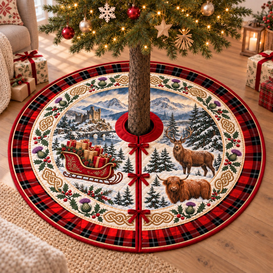 Ramsay Modern tartan Christmas tree skirt with a Scottish Highland scene, stag, Highland cow and thistles under a Christmas tree