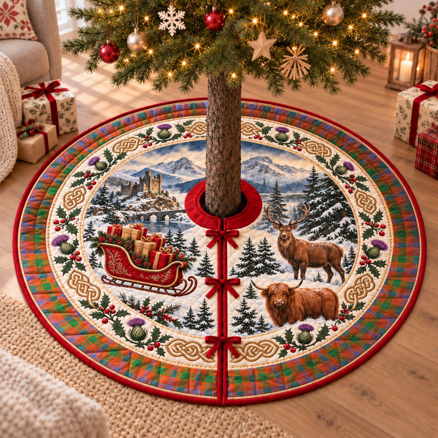 Ross Ancient tartan Christmas tree skirt with a Scottish Highland scene, stag, Highland cow and thistles under a Christmas tree