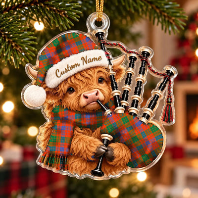 Clan Ross Ancient Tartan Piper Highland Cow Ornament with Custom Name