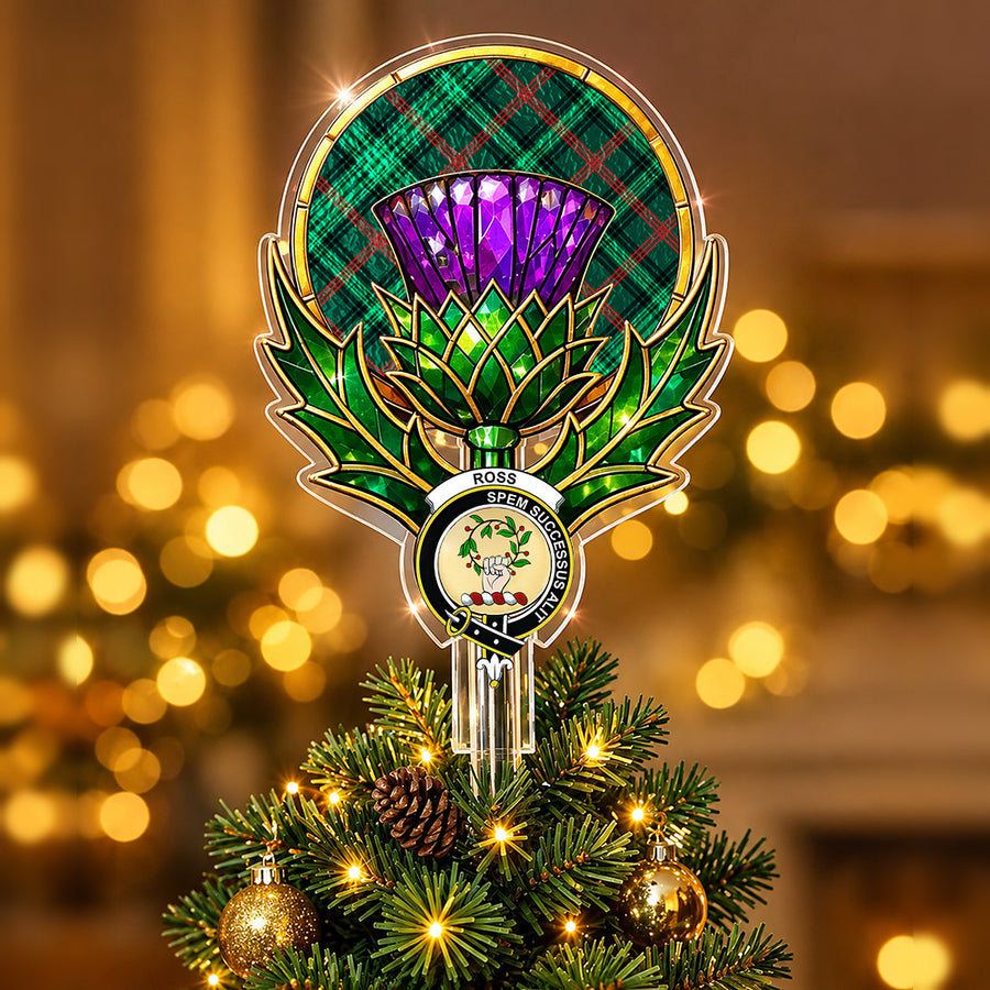 Clan Ross crest in the centre of a stained-glass style thistle Christmas tree topper with the Ross Hunting Modern tartan behind the thistle
