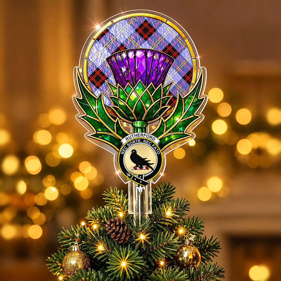 Clan Rutherford crest in the centre of a stained-glass style thistle Christmas tree topper with the Rutherford tartan behind the thistle