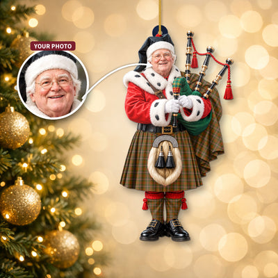 Clan Scott Brown Modern Tartan Christmas Piper Ornament with Custom Photo