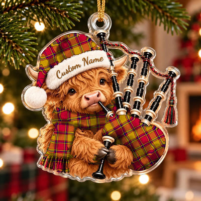 Clan Scrymgeour Tartan Piper Highland Cow Ornament with Custom Name