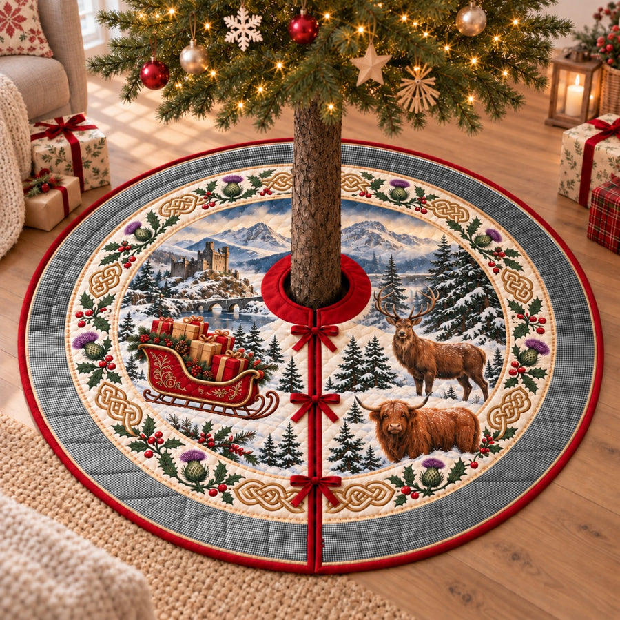 Shepherd tartan Christmas tree skirt with a Scottish Highland scene, stag, Highland cow and thistles under a Christmas tree