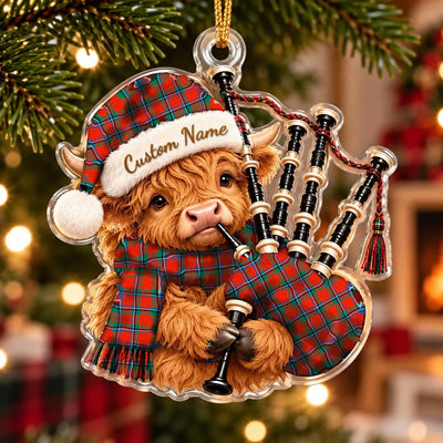 Clan Sinclair Ancient Tartan Piper Highland Cow Ornament with Custom Name