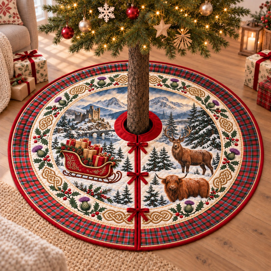 Sinclair Modern tartan Christmas tree skirt with a Scottish Highland scene, stag, Highland cow and thistles under a Christmas tree