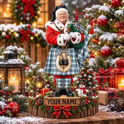 Clan Stewart Muted Blue Tartan Christmas Piper Plaque with Custom Photo & Name