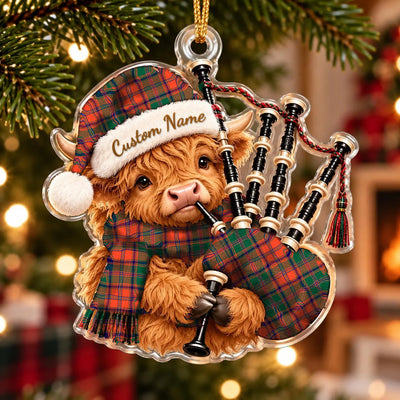 Clan Stewart of Appin Ancient Tartan Piper Highland Cow Ornament with Custom Name