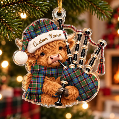 Clan Stirling (of Cadder-Present Chief) Tartan Piper Highland Cow Ornament with Custom Name