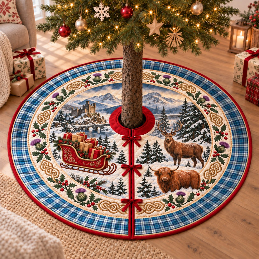 Strathclyde District tartan Christmas tree skirt with a Scottish Highland scene, stag, Highland cow and thistles under a Christmas tree
