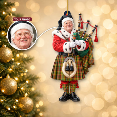 Clan Strathearn Modern Tartan Christmas Piper Ornament with Custom Photo