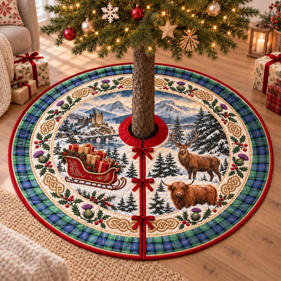 Sutherland Old Ancient tartan Christmas tree skirt with a Scottish Highland scene, stag, Highland cow and thistles under a Christmas tree