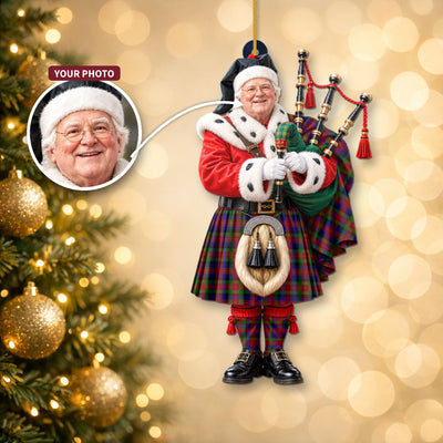 Clan Tennant Tartan Christmas Piper Ornament with Custom Photo