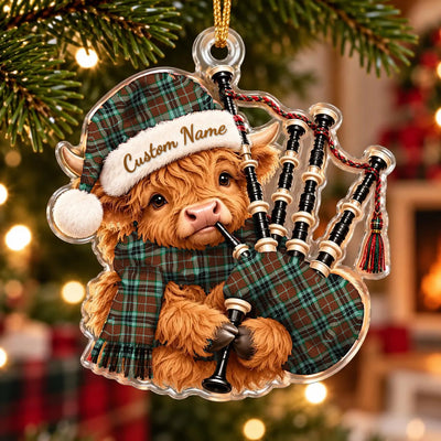 Clan Thomson Hunting Modern Tartan Piper Highland Cow Ornament with Custom Name