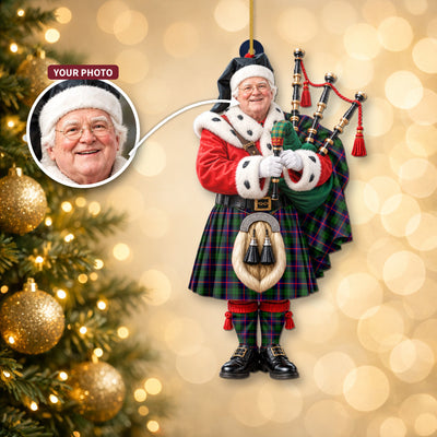 Clan Urquhart Modern Tartan Christmas Piper Ornament with Custom Photo