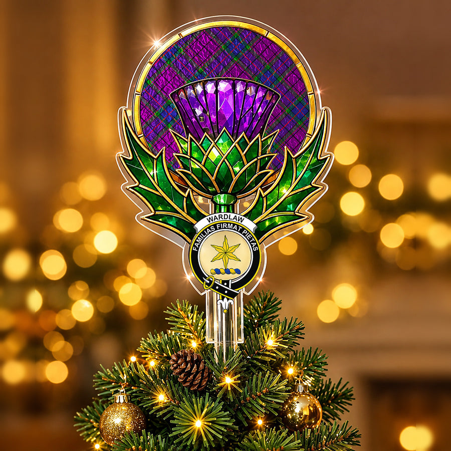 Clan Wardlaw crest in the centre of a stained-glass style thistle Christmas tree topper with the Wardlaw tartan behind the thistle